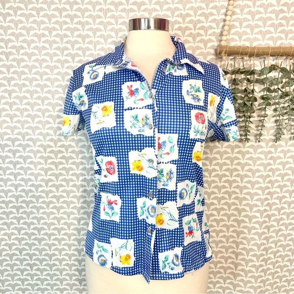 Vtg 90s Blue Plaid Floral Print Flower Button Down Shirt Polyester Y2K Jr Large - Picture 2 of 8